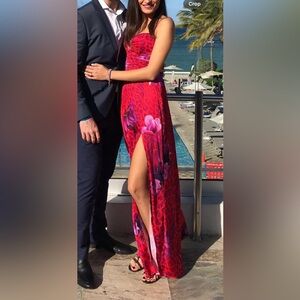 Marciano Red Purple Floral Maxi Dress with Side Slit